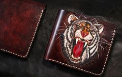 Handmade Leather Tiger Tooled Mens billfold Wallet Cool Leather Wallet Slim Wallet for Men - imessengerbags
