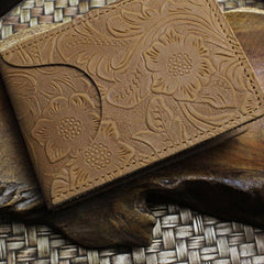 Handmade Leather Floral Mens License Wallets Cool Short Wallet Card Holder Small Card Slim Wallets for Men