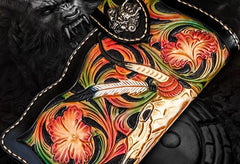 Handmade Leather Black Mens Tooled Skull Chain Biker Wallet Cool Leather Wallet Long Clutch Wallets for Men - imessengerbags