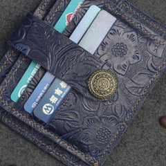 Handmade Leather Floral Mens Cool Front Pocket Wallet Short Wallet Card Holder Small Card Slim Wallets for Men