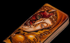 Handmade Leather Mens Clutch Wallet Cool Buddha&Demon Tooled Wallet Long Zipper Wallets for Men - imessengerbags
