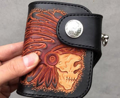 Handmade Leather Tooled Skull Indian Chief Biker Wallet Mens Cool Short Chain Wallet Trucker Wallet with Chain