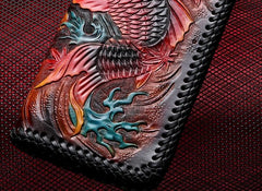 Handmade Leather Mens Clutch Wallet Cool Carp Tooled Wallet Long Zipper Wallets for Men - imessengerbags