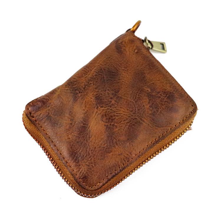 Vintage Leather Brown Men's Bifold Small Wallet Black Zipper billfold Wallet For Men - imessengerbags