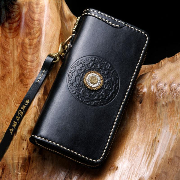 Handmade Leather Mens Chain Biker Wallet Tibetan Cool Leather Wallet Long Phone Wallets for Men - imessengerbags