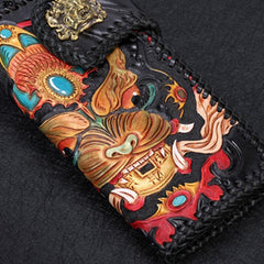 Handmade Leather Tooled Monster Mens Chain Biker Wallet Cool Leather Wallet Zipper Long Phone Wallets for Men