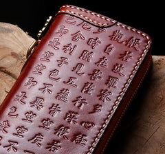 Handmade Leather Mens Chain Prajna Paramita Biker Wallet Cool Leather Wallet Long Phone Wallets for Men