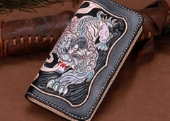 Handmade Leather Mens Clutch Wallet Cool Pixiu Tooled Wallet Long Zipper Wallets for Men - imessengerbags