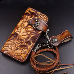 Handmade Leather Mens Cool Tooled Prajna Chain Wallet Biker Trucker Wallet with Chain