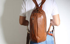 Genuine Leather Mens Cool Chest Bag Sling Bag Crossbody Bag Travel Bag Hiking Bag for men