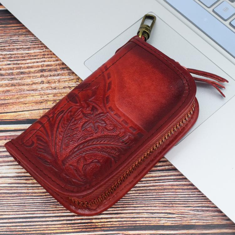 Vintage Embossed Brown Leather Men's Key Wallet Black Key Case Car Car Key Holder For Men - imessengerbags