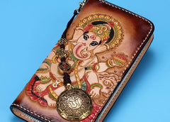 Handmade Leather Mens Clutch Wallet Cool Ganesha Tooled Wallet Long Zipper Wallets for Men - imessengerbags