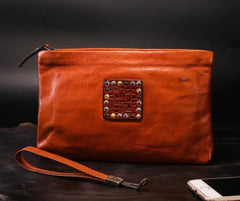 Handmade Leather Mens Clutch Cool Slim Wallet Zipper Clutch Wristlet Wallet for Men