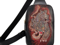 Handmade Leather Tooled Mens Cool Chest Bag Sling Bag Crossbody Bag Travel Bag Hiking Bag for men