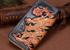 Handmade Leather Mens Clutch Wallet Cool Chinese Dragon Tooled Wallet Long Zipper Wallets for Men - imessengerbags