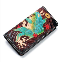 Handmade Leather Carp Mens Chain Biker Wallet Cool Leather Wallet Long Phone Wallets for Men