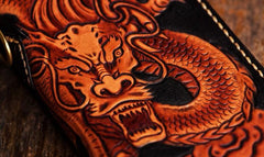 Handmade Leather Tooled Chinese Dragon Mens Chain Biker Wallet Cool Leather Wallet Zipper Long Phone Wallets for Men - imessengerbags