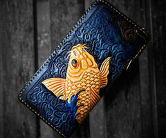 Handmade Leather Men Tooled Carp Cool Leather Wallet Long Phone Wallets for Men - imessengerbags