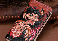 Handmade Leather Mens Clutch Wallet Cool Zhong Kui Tooled Wallet Long Zipper Wallets for Men - imessengerbags