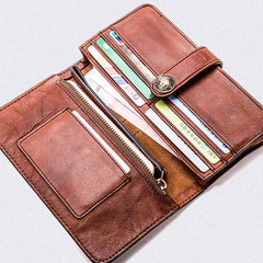 Handmade Leather Mens Cool Long Leather Wallet Bifold Clutch Wallet for Men