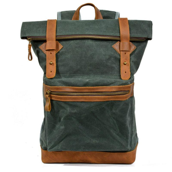 Green Waxed Canvas Leather Mens Cool Backpack Canvas Travel Backpack Canvas School Backpack for Men - imessengerbags