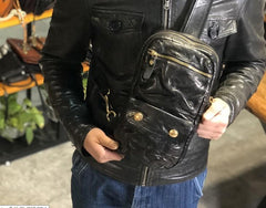Genuine Leather Mens Cool Chest Bag Sling Bag Crossbody Bag Travel Bag Hiking Bag for men - imessengerbags