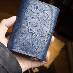 Handmade Leather Floral Mens Trifold Cool billfold Wallet Card Holder Small Card Slim Wallets for Men - imessengerbags