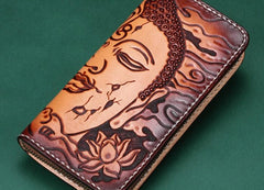 Handmade Leather Mens Clutch Wallet Cool Buddha&Demon Tooled Wallet Long Zipper Wallets for Men - imessengerbags