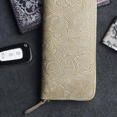 Handmade Leather Floral Mens Cool Travel Long Wallet Card Holder Card Slim Clutch Wallets for Men - imessengerbags
