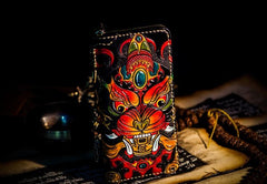 Handmade Leather Tooled Chinese Monster Mens Chain Biker Wallet Cool Leather Wallet Zipper Long Phone Wallets for Men