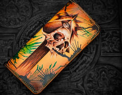 Handmade Leather Men Tooled Skull Cool Leather Wallet Long Phone Wallets for Men - imessengerbags