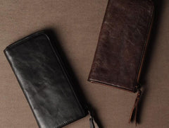Genuine Leather Mens Cool Long Leather Wallet Cards Phone Zipper Clutch Wristlet Wallet for Men - imessengerbags