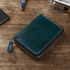 Handmade Cool Mens Leather Zipper Red Small Wallet Green Bifold billfold Wallet for Men