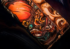 Handmade Leather Tooled Chinese Lion Mens Chain Biker Wallet Cool Leather Wallet Long Phone Wallets for Men - imessengerbags
