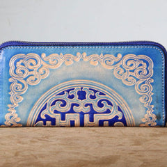 Handmade Genuine Leather Mens Cool Tooled Long Leather Wallet Bifold Clutch Wallet for Men - imessengerbags