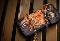Handmade Leather Tooled Prajna Mens Chain Biker Wallet Cool Leather Wallet With Chain Wallets for Men - imessengerbags