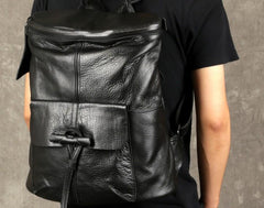 Genuine Leather Mens Cool Backpack Sling Bag Large Black Travel Bag Hiking Bag for men - imessengerbags