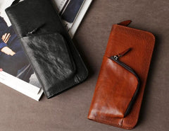Genuine Leather Mens Cool Long Leather Wallet Cards Phone Zipper Clutch Wristlet Wallet for Men - imessengerbags