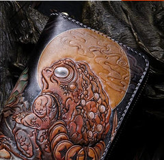 Handmade Leather Mens Clutch Wallet Cool Gold Toad Triped Crow Tooled Wallet Long Zipper Wallets for Men - imessengerbags