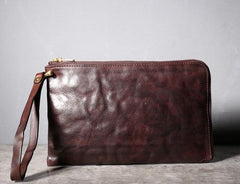 Handmade Genuine Leather Mens Clutch Cool Slim Wallet Zipper Clutch Wristlet Wallet for Men