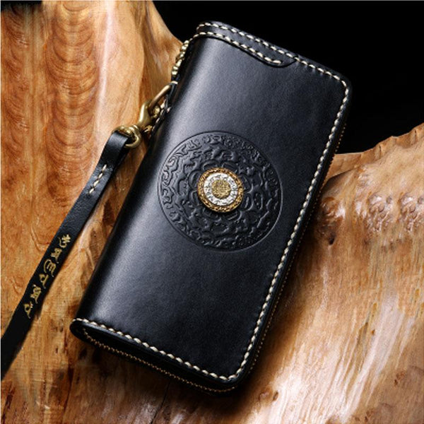 Handmade Leather Mens Chain Biker Wallet Cool Leather Wallet Long Phone Wallets for Men - imessengerbags