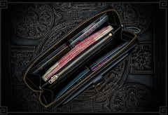 Handmade Leather Tooled Carp Mens Chain Biker Wallet Cool Leather Wallet Long Phone Wallets for Men