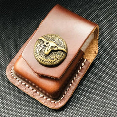 Brown Handmade Leather Mens Chinese Lion Zippo Lighter Holders Lighter Case For Men