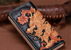 Handmade Leather Mens Clutch Wallet Cool Chinese Dragon Tooled Wallet Long Zipper Wallets for Men - imessengerbags