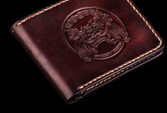 Handmade Leather Chinese Lion Tooled Mens billfold Wallet Cool Leather Wallet Slim Wallet for Men - imessengerbags