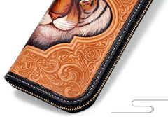 Handmade Leather Mens Clutch Wallet Cool Floral Tiger Tooled Wallet Long Zipper Wallets for Men - imessengerbags