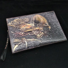 Black Handmade Tooled Leather Double Carps Clutch Wallet Wristlet Bag Clutch Purse For Men - imessengerbags