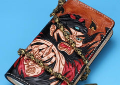 Handmade Leather Mens Clutch Wallet Cool Zhong Kui Tooled Wallet Long Zipper Wallets for Men - imessengerbags