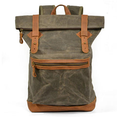 Coffee Waxed Canvas Leather Mens Cool Backpack Canvas Travel Backpack Canvas School Backpack for Men