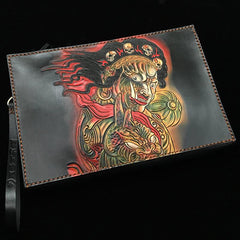 Black Handmade Tooled Leather Wolf Clutch Wallet Wristlet Bag Clutch Purse For Men
